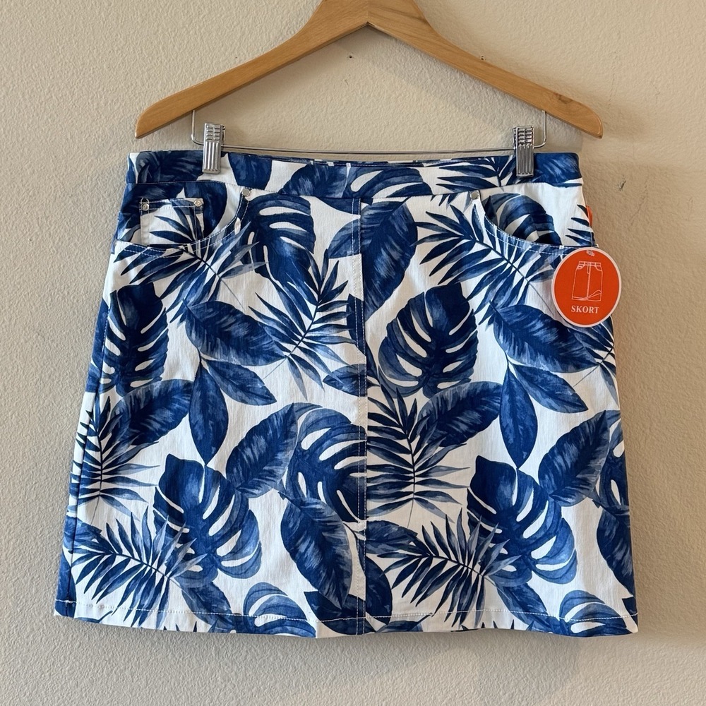 Hearts of Palm Jazzy In Jade Tropical Palm Leaf Skort Blue White NWT 14